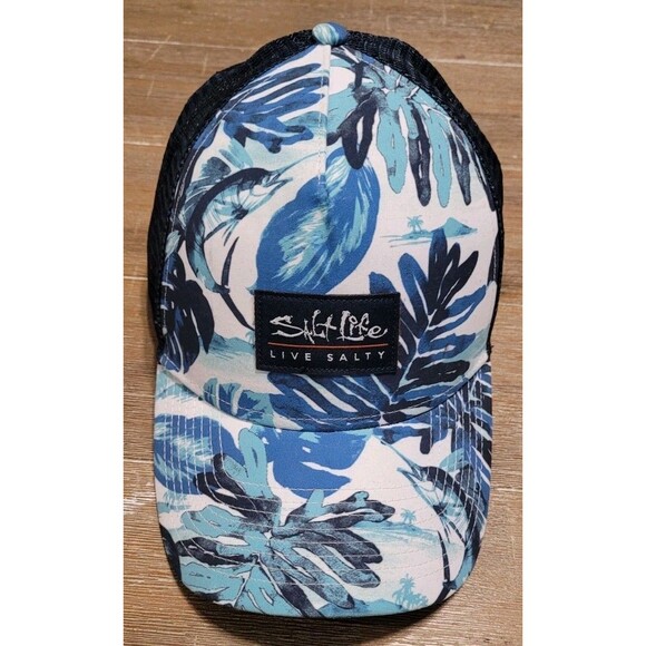 Salt Life Palm Print Mesh Trucker Hat - Blue Multi - Fishing Marlin Snapback Cap - Picture 1 of 5